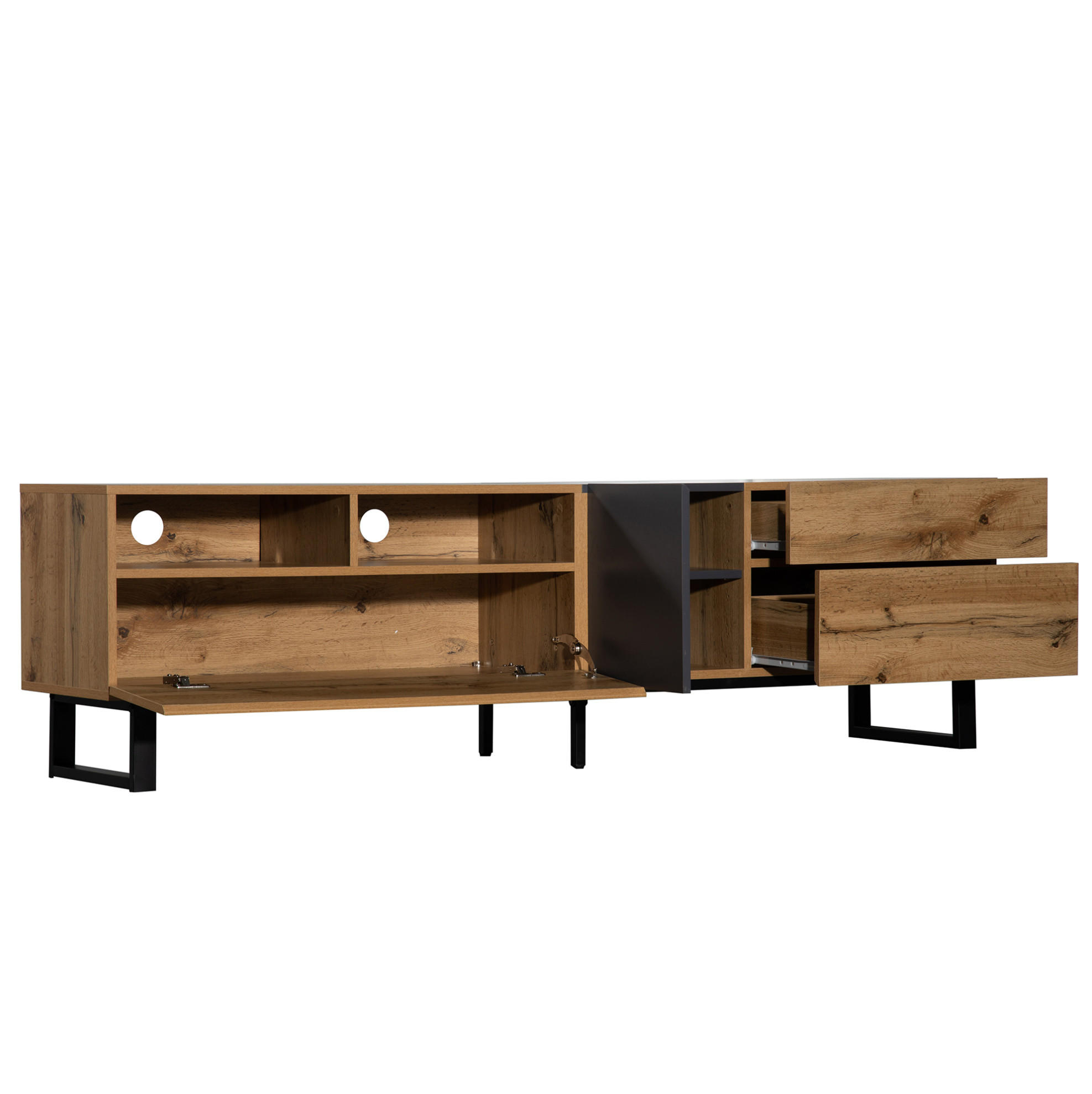 Redom TV stolek 180/50/38 cm s velkým úložným prostorem, push-open dvířky a kovovými nohami, Černá/šedá