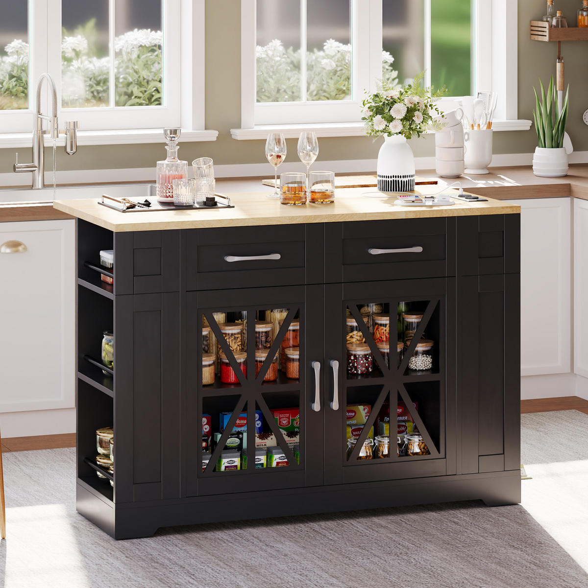 KÜCHENINSEL aus MDF 120x65x92 cm Schwarz/Natur mit Klapptisch, 2 AC-Steckdosen, 2 USB-Anschlüssen und Rollen - Schwarz, Holzwerkstoff (120/92/65cm) - Modfu