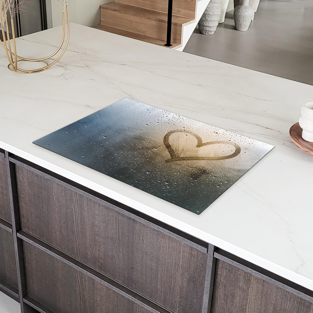 HERDABDECKPLATTE Herz - Kondenswasser - Wasser - 3D Ceranfeldabdeckung 80x52 cm - Grau, Kunststoff (80/52/0.2cm) - MuchoWow