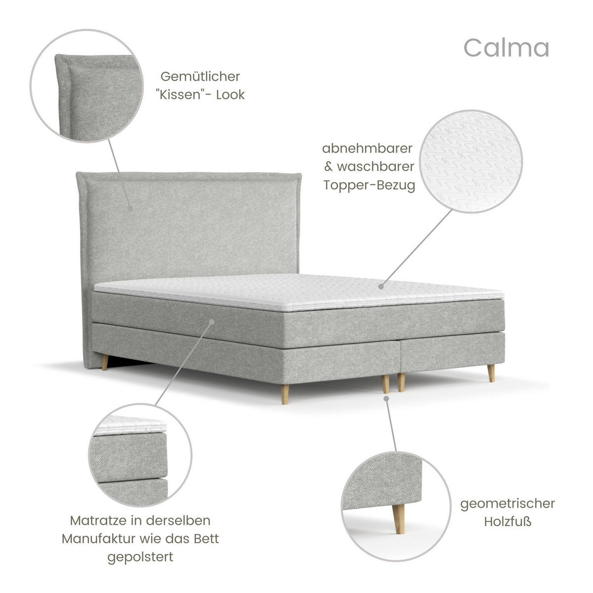 KONTINENTALBETT Calma Hellgrau 120/200 cm mit Matratze und Topper - Hellgrau/Naturfarben, Holz/Holzwerkstoff (120/200cm) - Maison de Reve