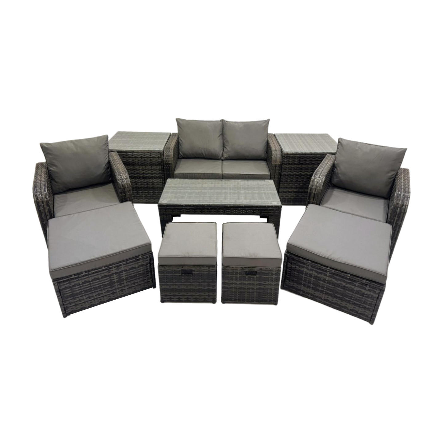 GARTENSOFA SET mit COUCHTISCH Polyrattan 7-Sitzer - Dunkelgrau/Grau, Glas/Kunststoff - Fimous