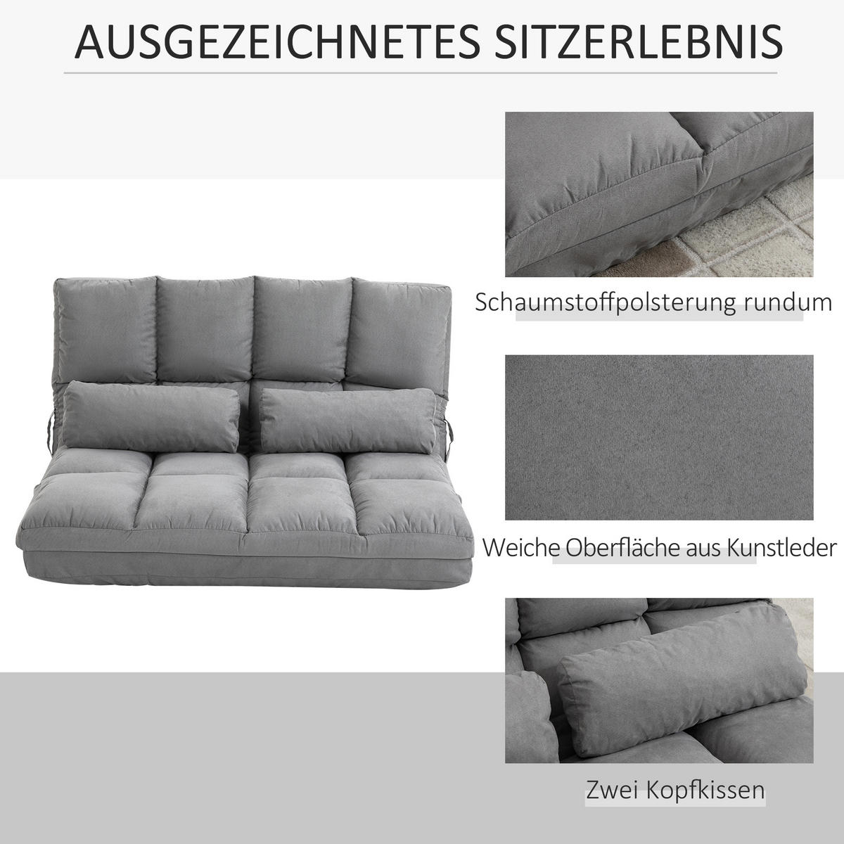 BODENSTUHL 2-in-1 Bodensessel Bett mit Rückenlehne 3 Positionen Verstellbar - Grau, Textil/Metall (73/60/102cm) - HOMCOM