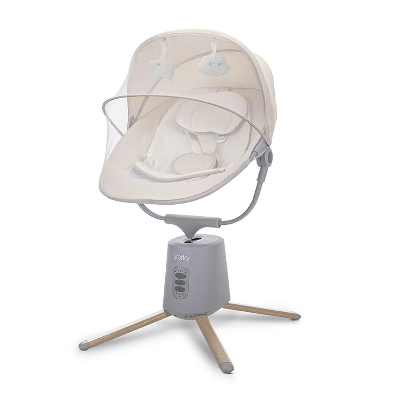 BABYWIPPE Storky beige Bluetooth, Fernbedienung, Timer, 5-Punkt-Gurt, Holzoptik-Füße - Beige, Metall - Lorelli
