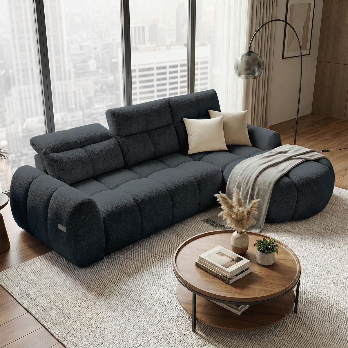 ECKSOFA Sorel Mini mit Automatisch verstellbarer Sitztiefe und Kopfstützen, rechts, Schwarz - Schwarz, Textil (275/190cm) - Beautysofa