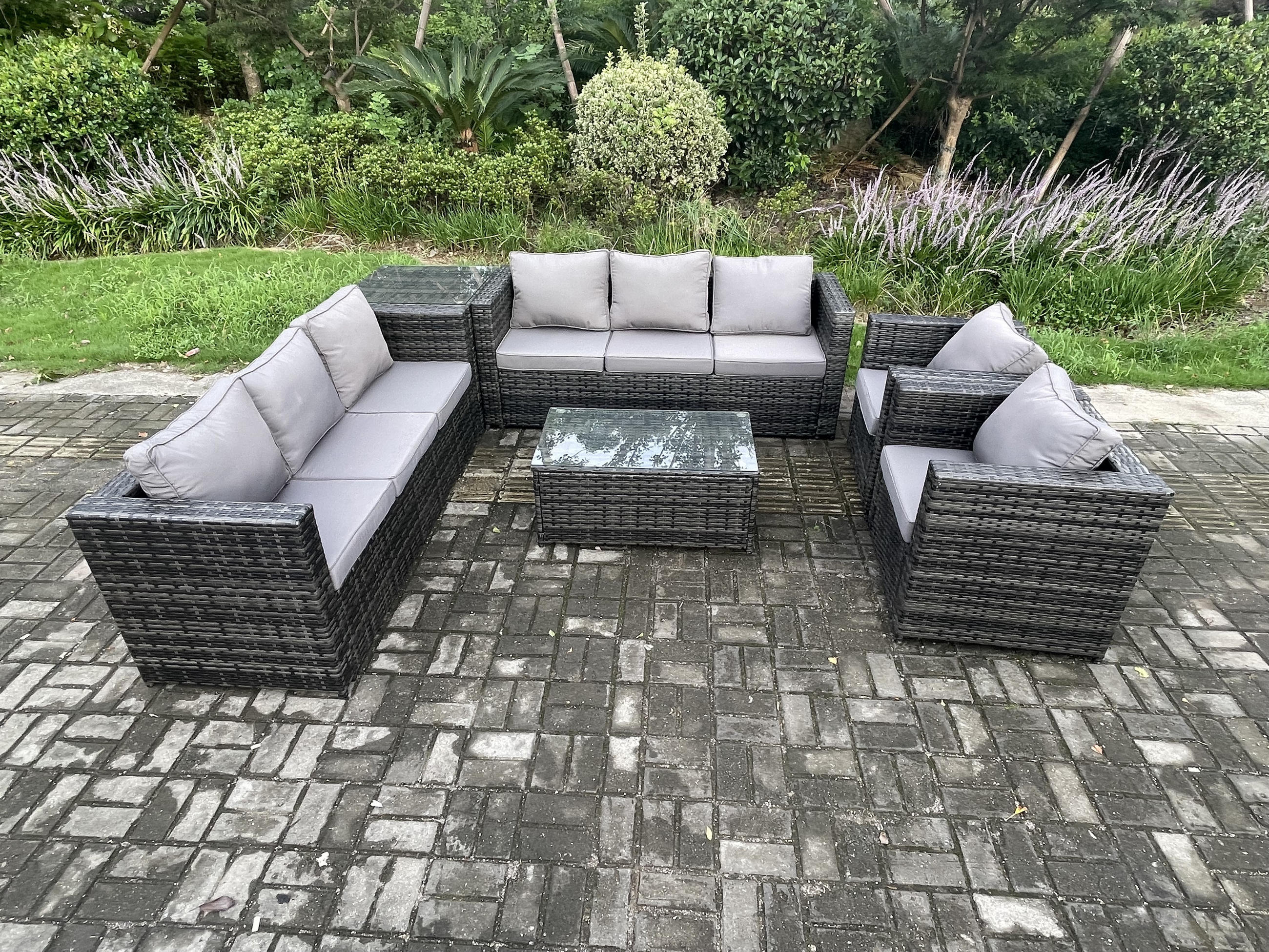 GARTENSET mit Beistelltisch Polyrattan 8-Sitzer - Dunkelgrau, Metall - Fimous