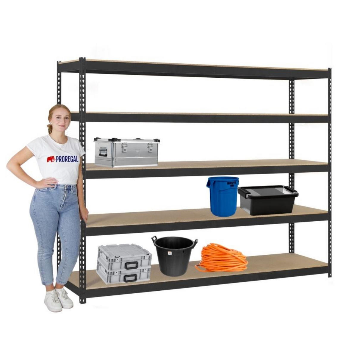 SCHWERLASTREGAL Wood Beast Five HxBxT 200 x 240 x 90 cm 5 Ebenen Fachlast 400 kg Anthrazit - Anthrazit, Metall (240/200/90cm) - PROREGAL
