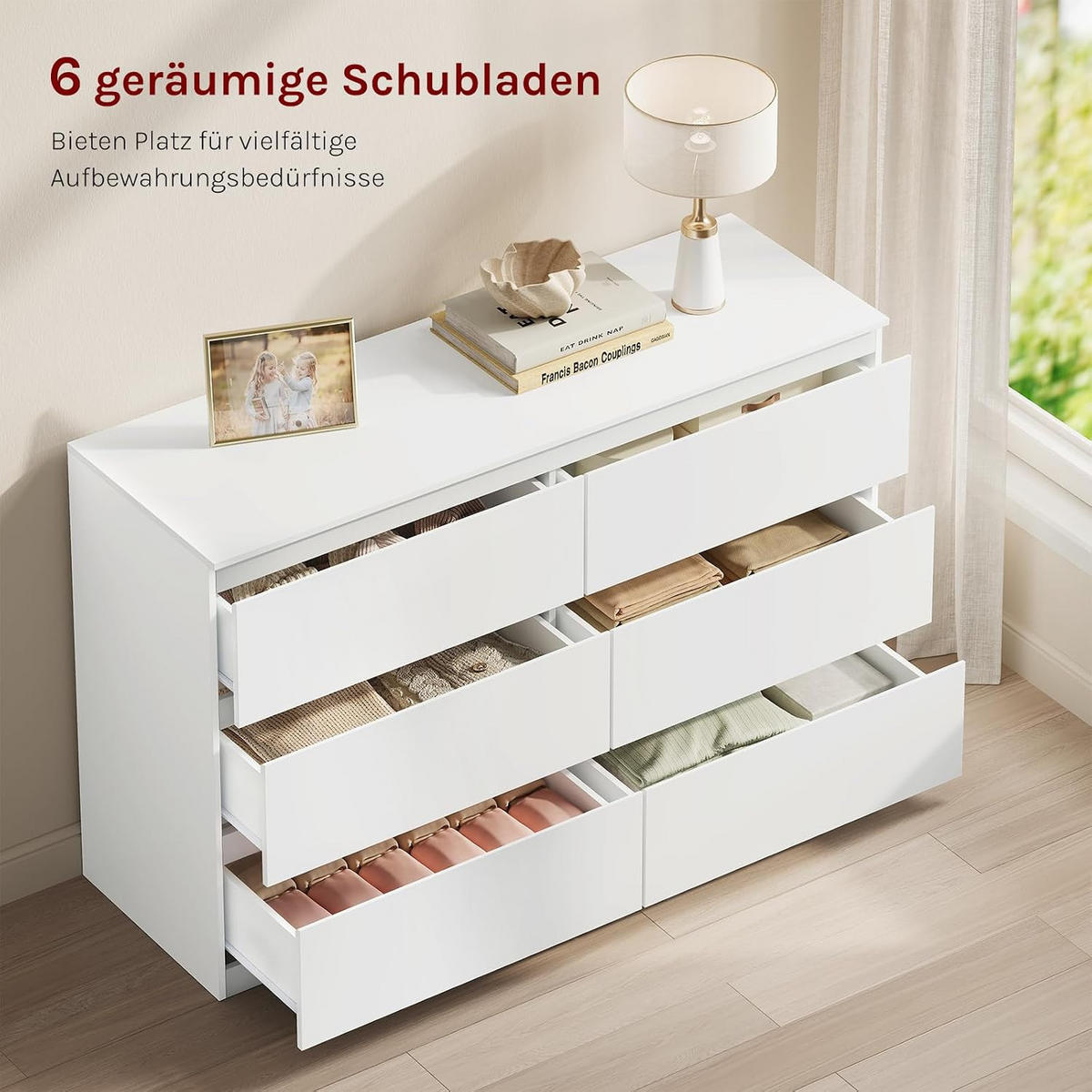 KOMMODE 6 Schubladen Holzwerkstoff 120/40/75 cm Weiß - Weiß, Holzwerkstoff (40/75/120cm) - Woltu