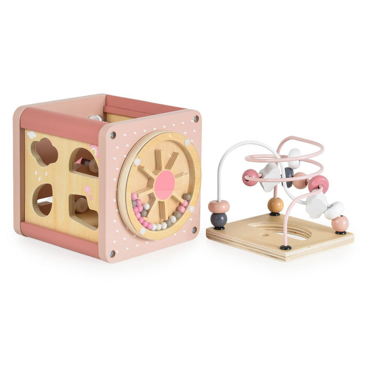 MOTORIKSPIELZEUG Aktivitätswürfel W11B316 rosa Holz, Sortierspiel, Xylophon, Labyrinth, Motorik, vier Spielseiten - Rosa, Holz (15/25/15cm) - Moni