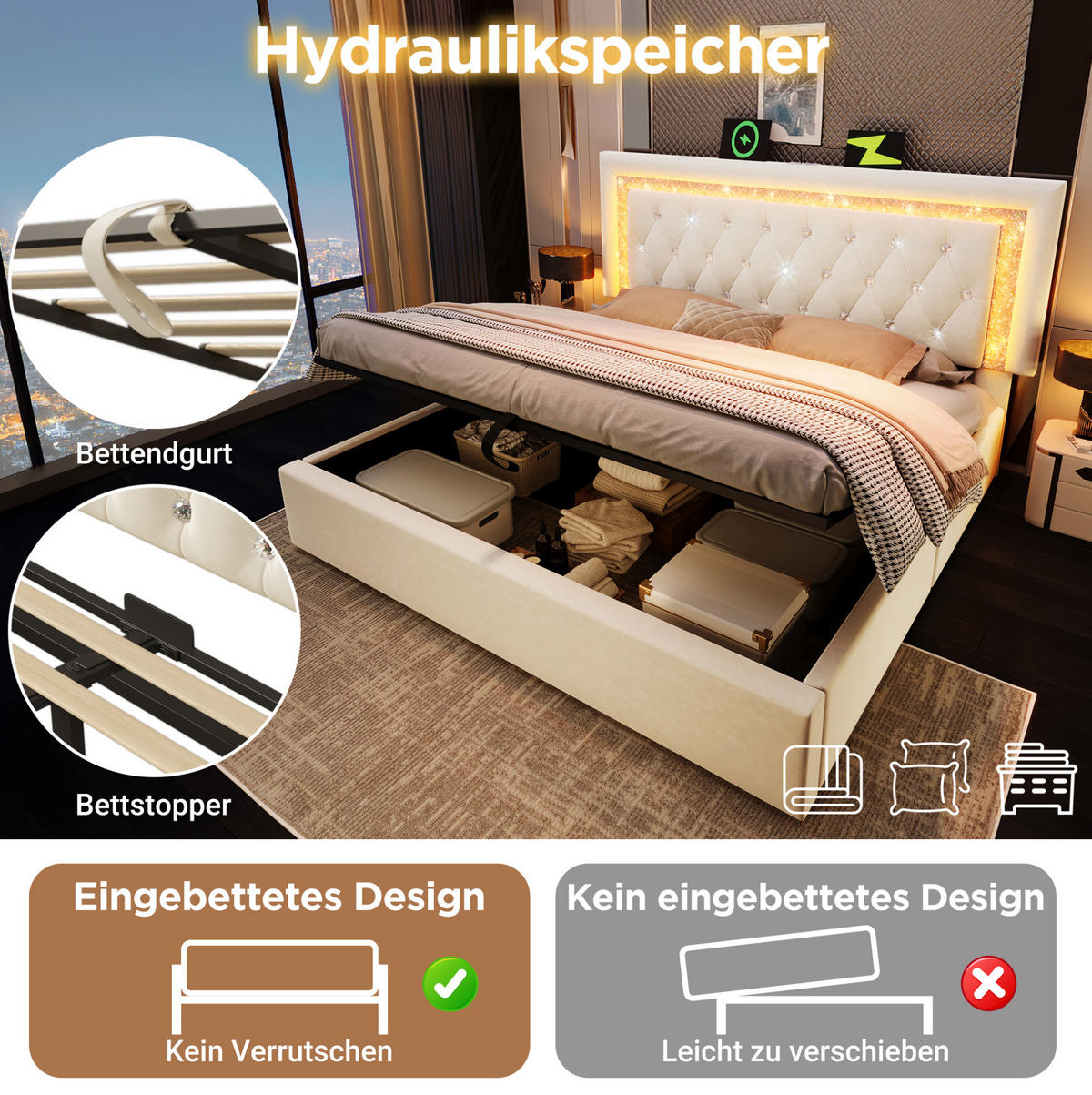 POLSTERBETT 180/200 cm aus Samt mit LED Stauraum und Kopfteil mit Steckdose Grau - Grau, Textil (180/200cm) - Modenvie