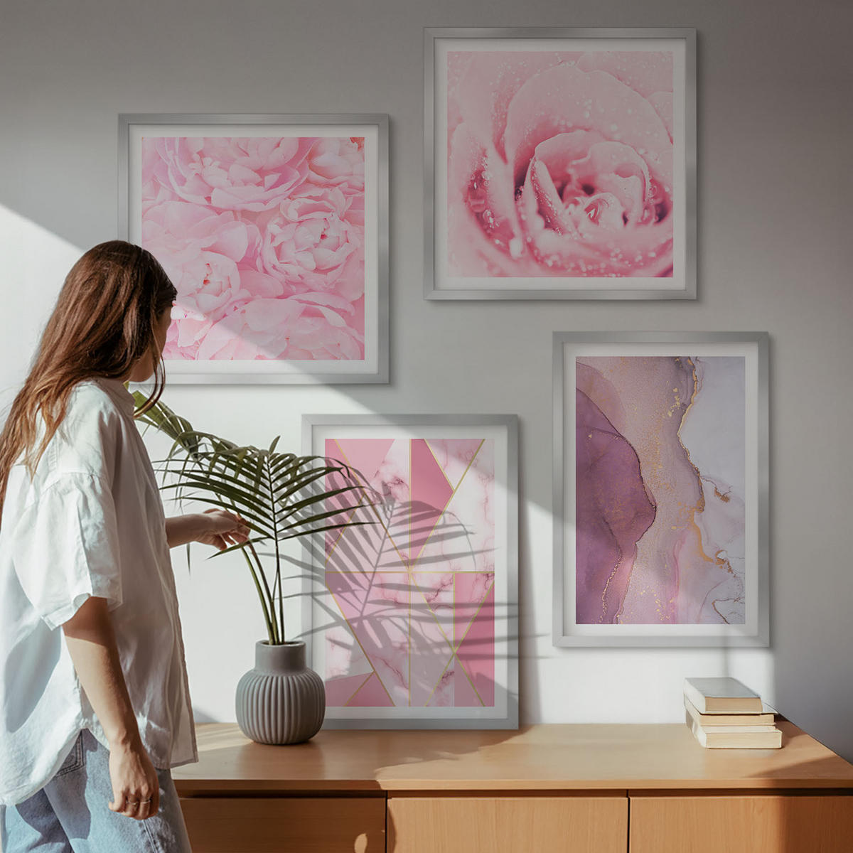 WANDBILDER 4er Set - 50x50 cm & 40x60 cm Silberner Rahmen - Rosa geometrische Pfingstrosen - Silberfarben, Kunststoff (50/50cm) - ArtPrintCave