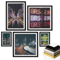 WANDBILDER 5er-Set - 50x50 cm & 20x30 cm & 40x60 cm Schwarzer Rahmen - Neonreklamen in der Stadt bei Nacht - Schwarz, Kunststoff (40/60cm) - ArtPrintCave
