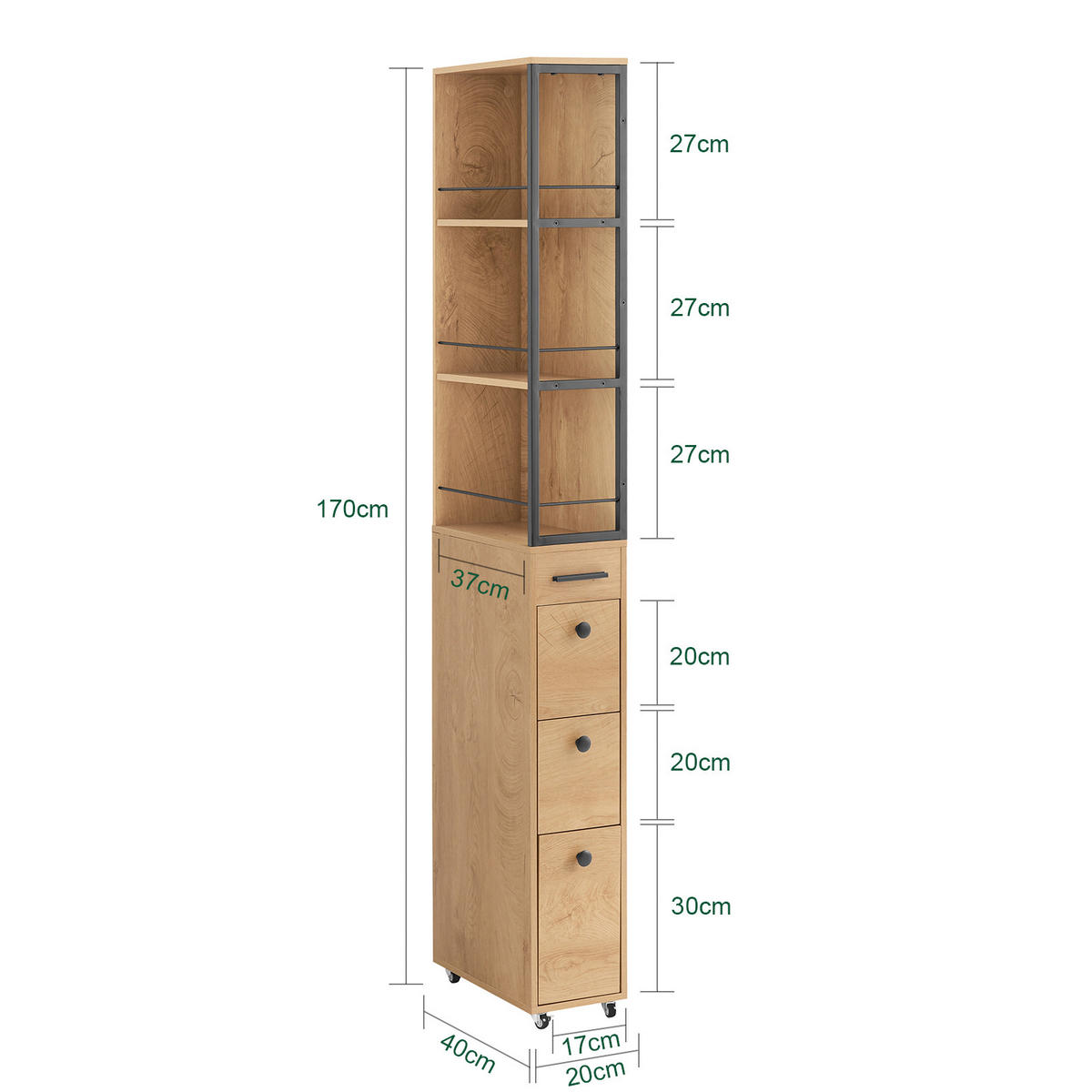 HOCHSCHRANK Natur - Schwarz/Naturfarben, Holz/Metall (20/170/40cm) - SoBuy