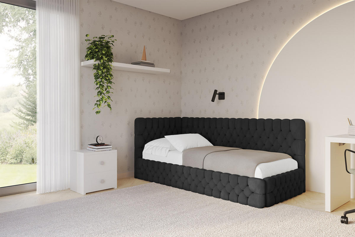 EINZELLBETT Jugendbett mit Bettkasten und Matratze H3/H4, Rechts - MULY 100x200 Schwarz - Anthrazit, Holzwerkstoff/Textil (100/200cm) - ALTDECOR