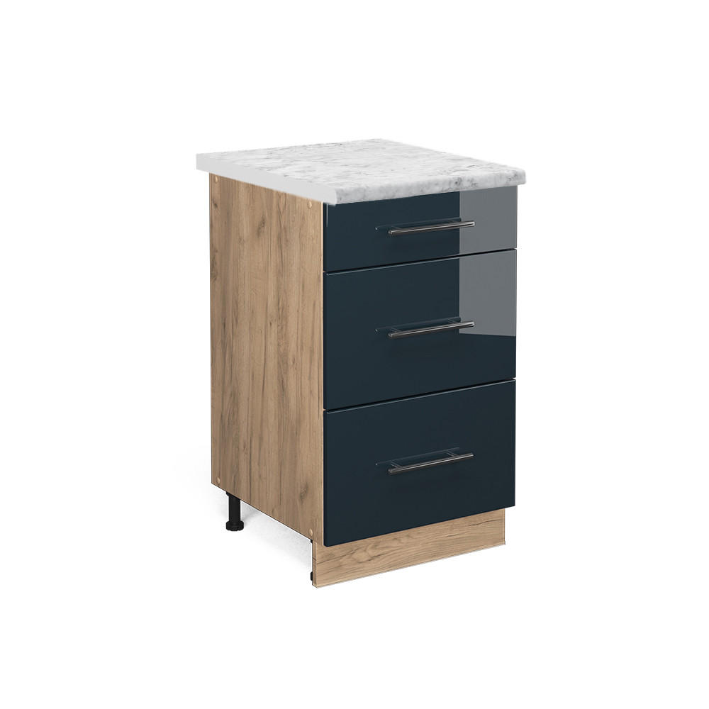 KÜCHENUNTERSCHRANK Fame-Line Dunkelblau Hochglanz 50 cm, AP Marmor - Eiche Wotan/Dunkelblau, Holzwerkstoff (50/82/60cm) - Vicco