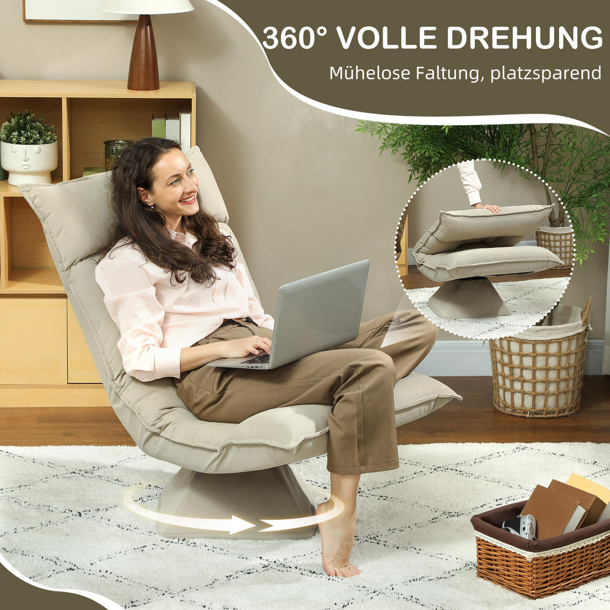 BODENSTUHL Drehbar Bodensessel mit 5-Fach Verstellbarer Rückenlehne Beige - Beige, Kunststoff (62/95/70cm) - HOMCOM