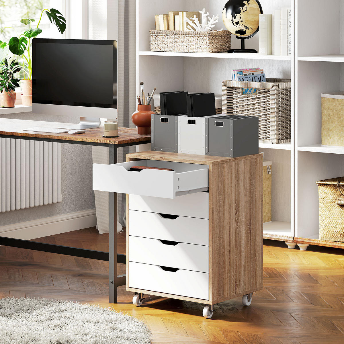 ROLLCONTAINER DE-14484 5 Schubladen Weiß/Eiche - Eichefarben, Holzwerkstoff (39.5/67.5/47.5cm) - ComfortXL