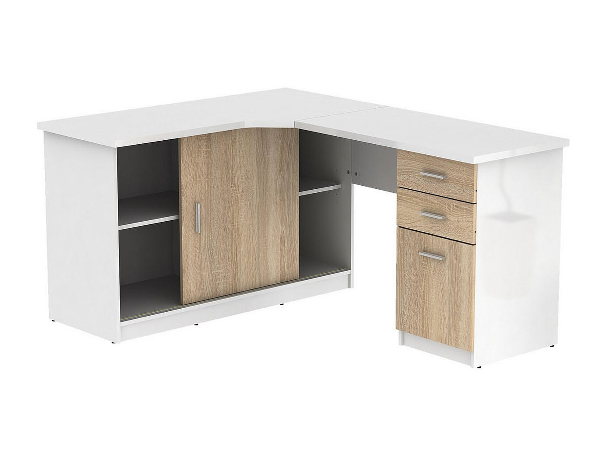 ECKSCHREIBTISCH mit 2 Türen & 2 Schubladen - Weiß & Eichefarben - NORWY - Naturfarben, Holz (120/150/75cm) - Vente-Unique