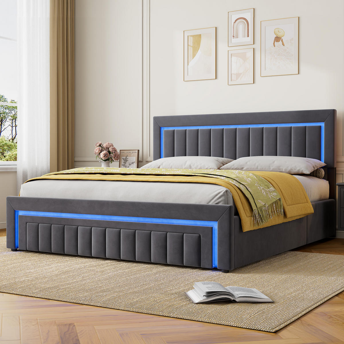 POLSTERBETT 180/200 cm in Grau, mit Bettkasten und Schubladen , mit LED, ohne Matratze - Grau, Holzwerkstoff/Textil (180/200cm) - WISHDOR
