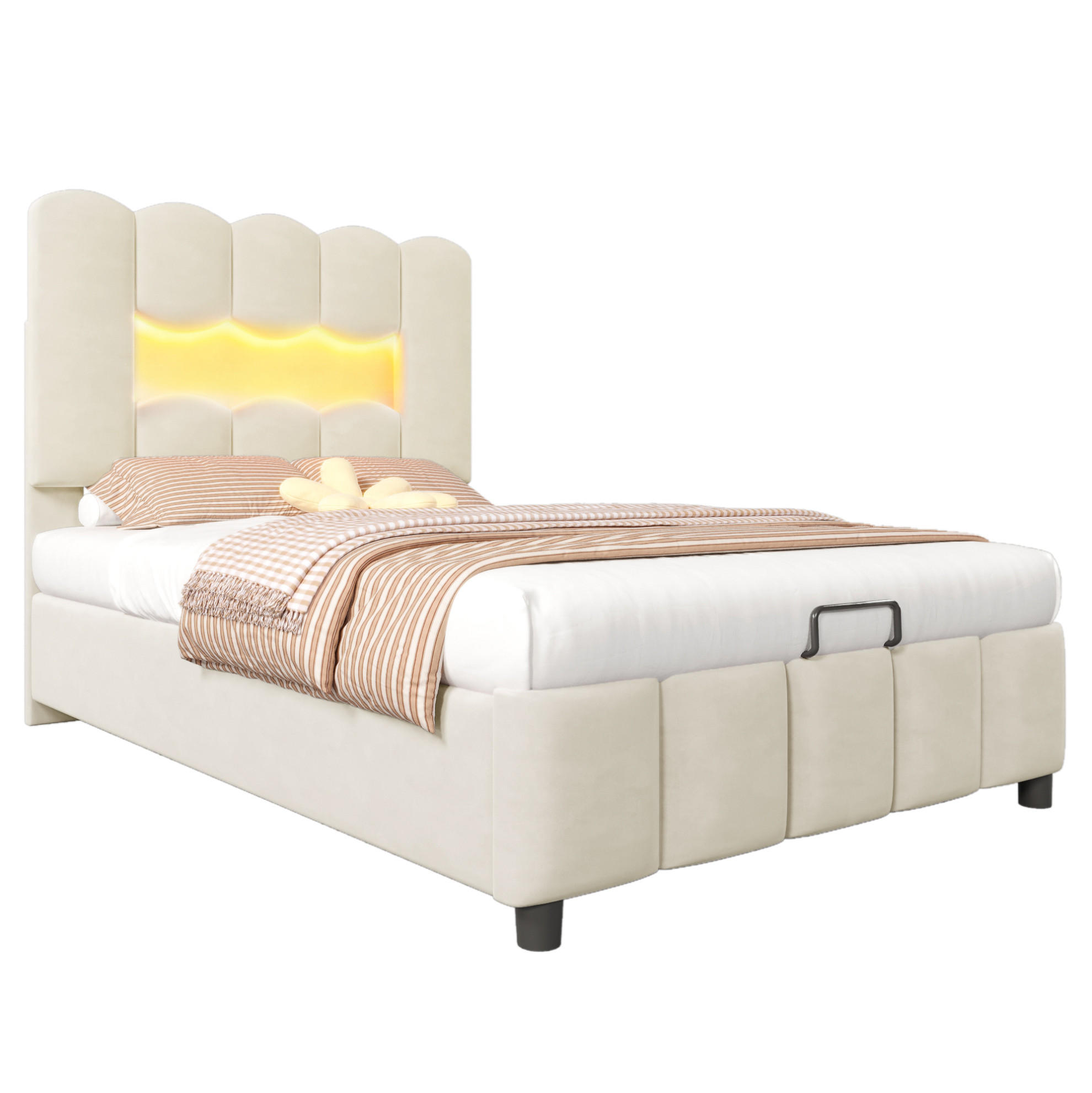 POLSTERBETT 90/200 cm Beige aus Samt mit Bettkasten und LED-Beleuchtung - Beige, Textil (90/200cm) - OKMYHOME