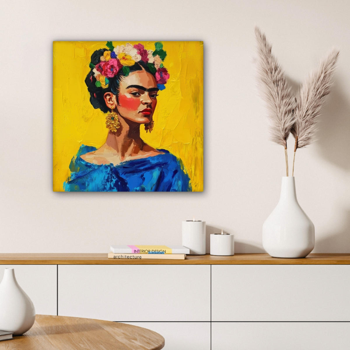 LEINWANDBILD Frida Kahlo - Frau - Gelb - Blau - Blumen 50x50 cm - Gelb, Textil (50/50cm) - MuchoWow
