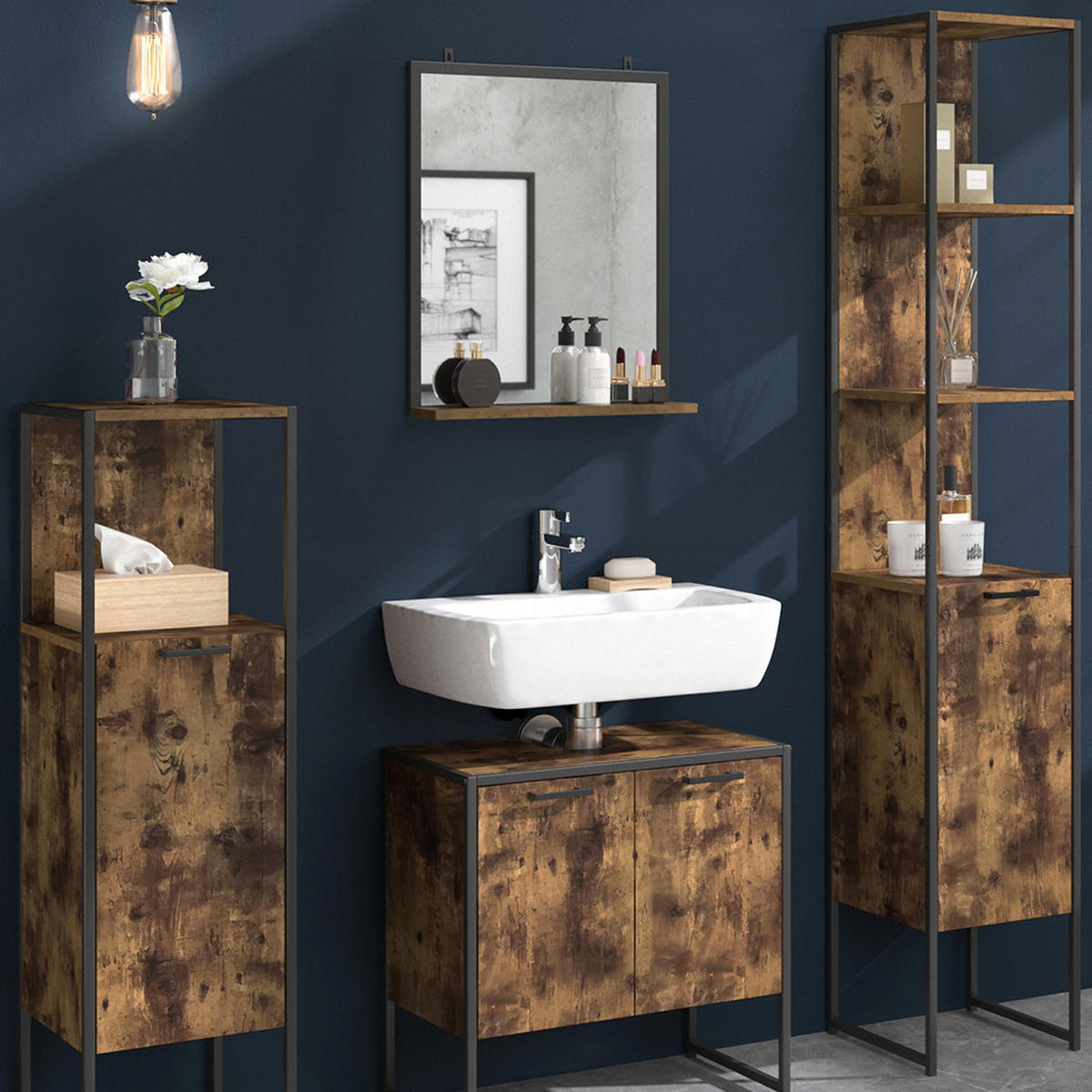 BADMÖBEL-SET Fyrk Antikholz 4 Teile, mit Hochschrank - Alteiche/Schwarz, Holzwerkstoff (60/60/33cm) - Vicco