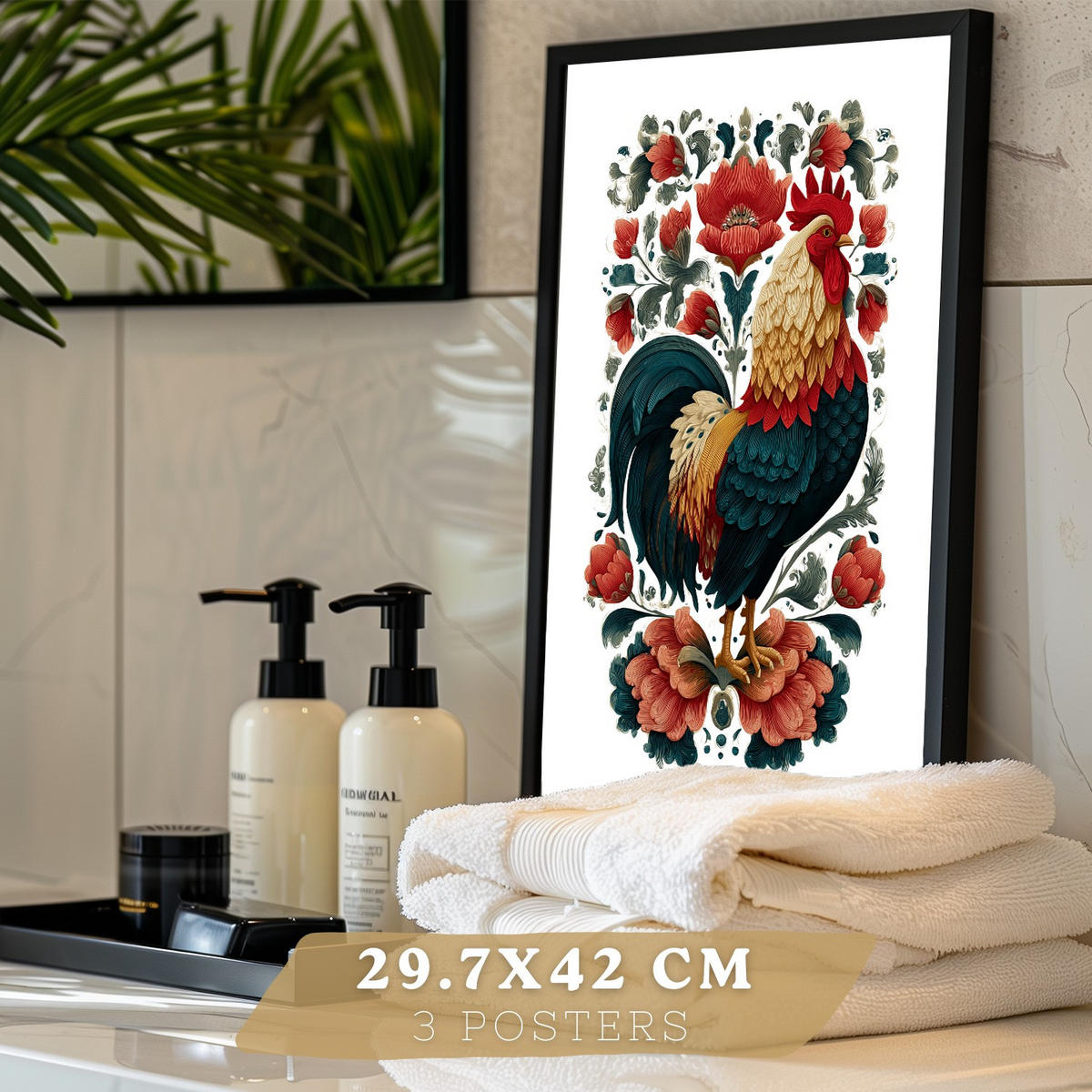 PLAKÁT Sada 3 lidovém stylu, dekorativní tisky zvířat a květinČerný rám A3 - černá, papír (42/29.7/3cm) - Nacnic