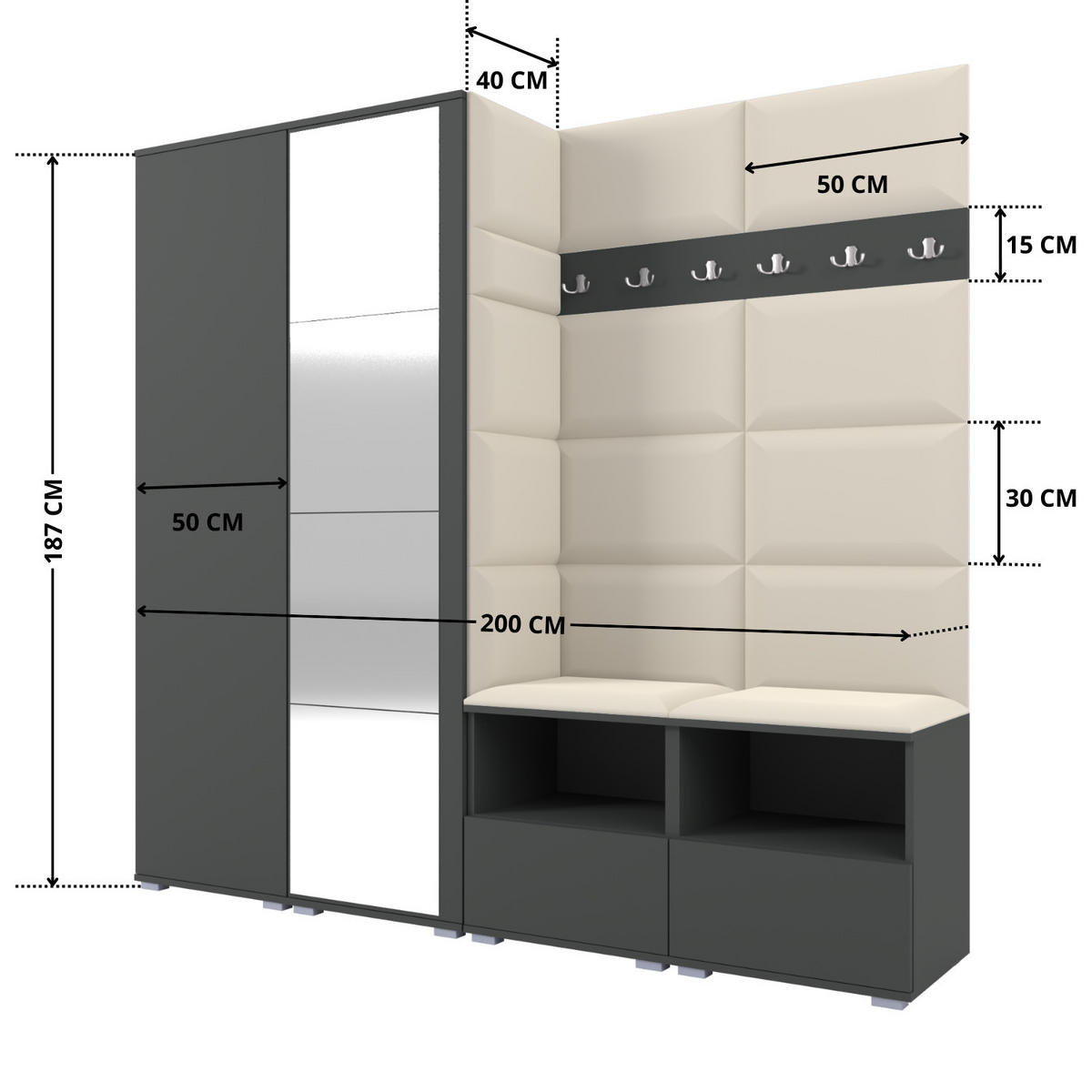 GARDEROBE NELA VI 200 cm (Modulare Flurmöbel Graphit mit Spiegel & Sitzpolster Creme 01 Universell) - Silberfarben/Creme, Holz/Holzwerkstoff (200/187/40cm) - Ravio