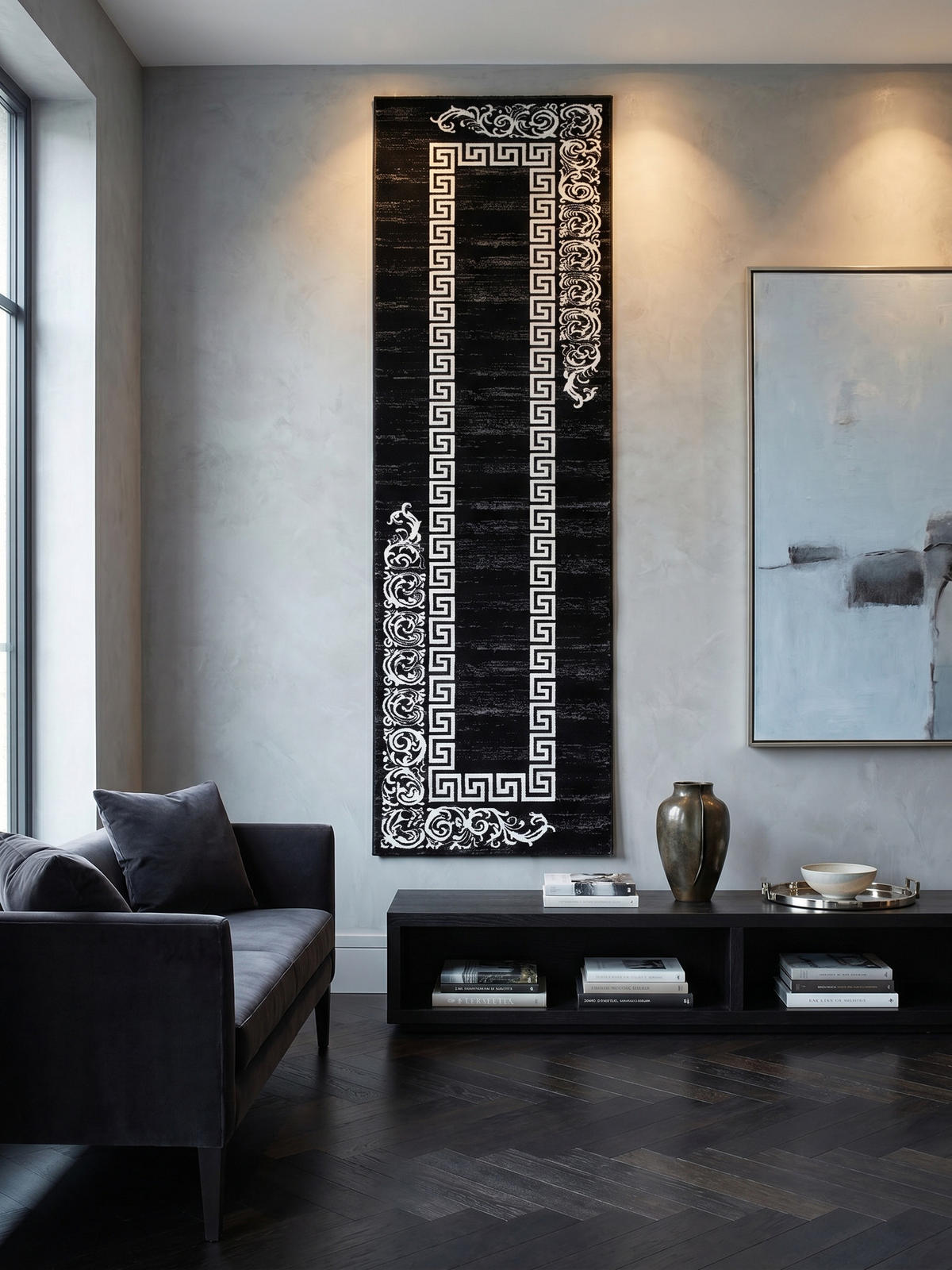 TEPPICH Kurzflor ASPEN in Schwarz, mit Mäander-Muster, 80 x 300 cm - Schwarz, Textil (80/300cm) - KADIMA DESIGN