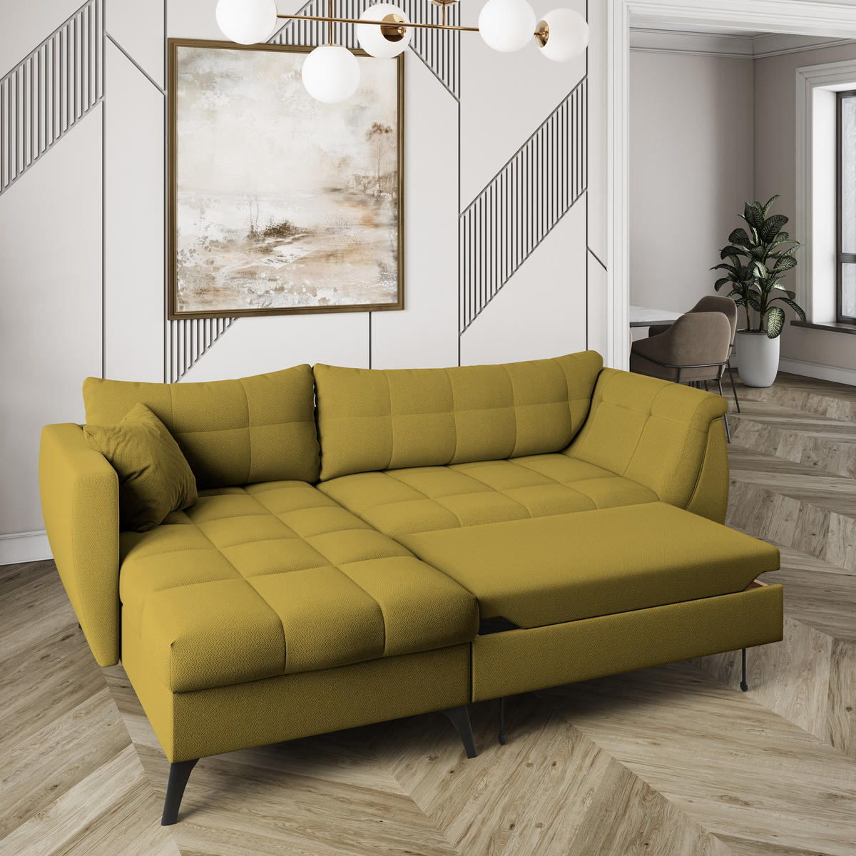 ECKSOFA MOLLIS Gelb Geflochtener-Stoff mit Schlaffunktion - Gelb, Holz (241/154cm) - MASSENO