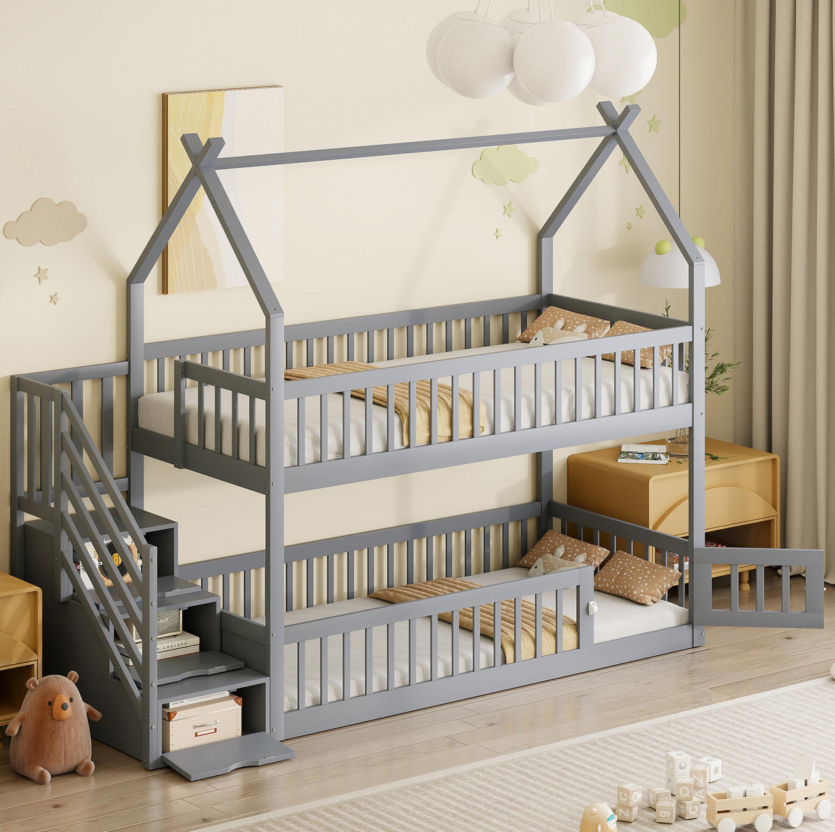 ETAGENBETT 90/200 cm Grau mit Dach, Sicherheitstreppe und Stauraumschubladen - Grau, Holz (90/200cm) - MIVRAY