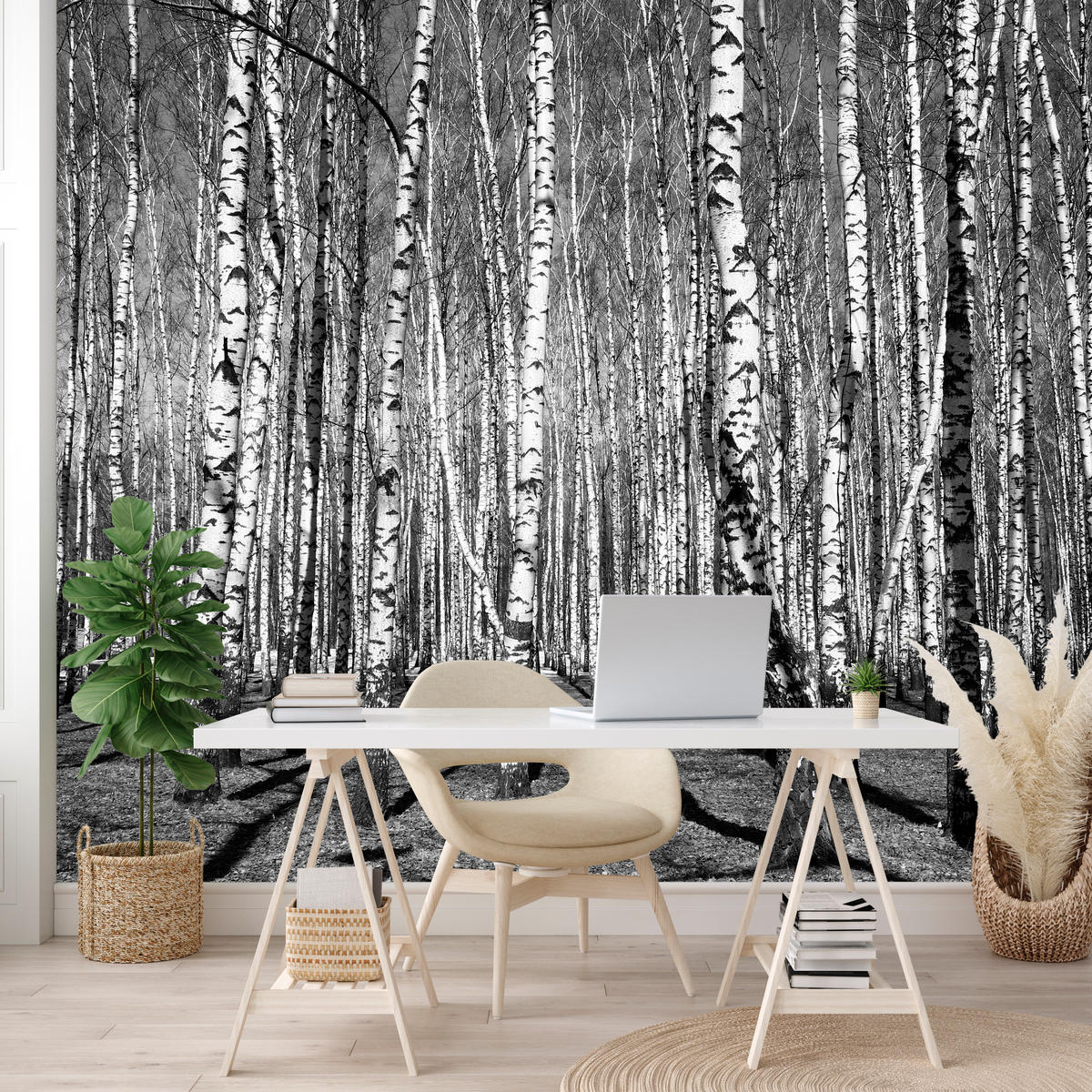 FOTOTAPETE für Wohnzimmer Birkenwald Schwarz-Weiß Minimalistisch 200x140 - Schwarz/Weiß, Papier (200/140cm) - Muralo