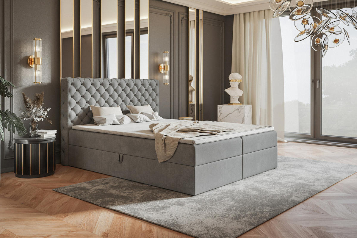 BOXSPRINGBETT 160x200 cm Doro mit Bettkasten, Matratze, Topper, Hellgrau - Hellgrau, Holz/Textil (160/200cm) - Emporius