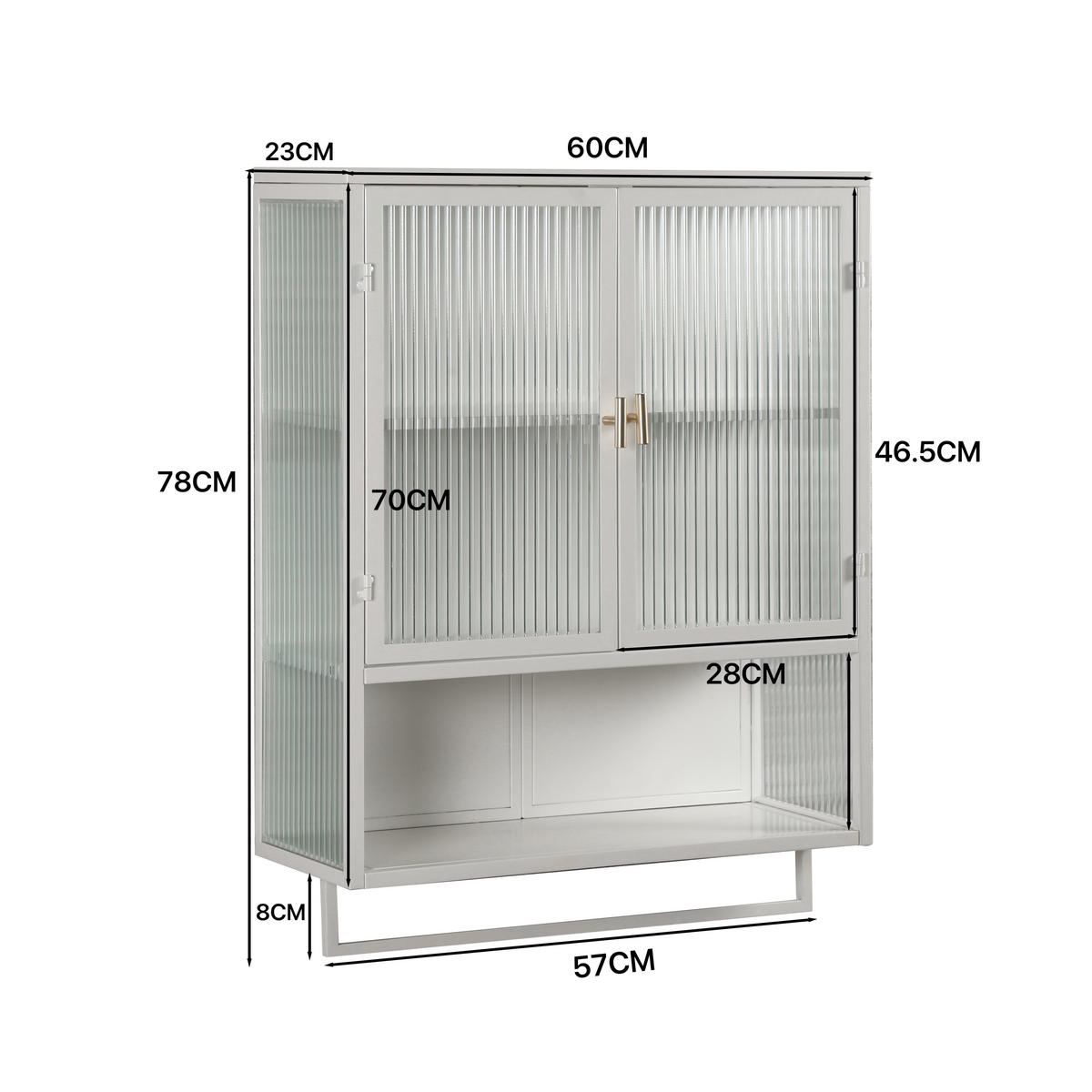 KÜCHENOBERSCHRANK 60x23x78 cm Weiß aus Glas & Metall mit geriffeltem Glas & offenen Ablagen - Weiß, Glas (60/78/23cm) - Modfu