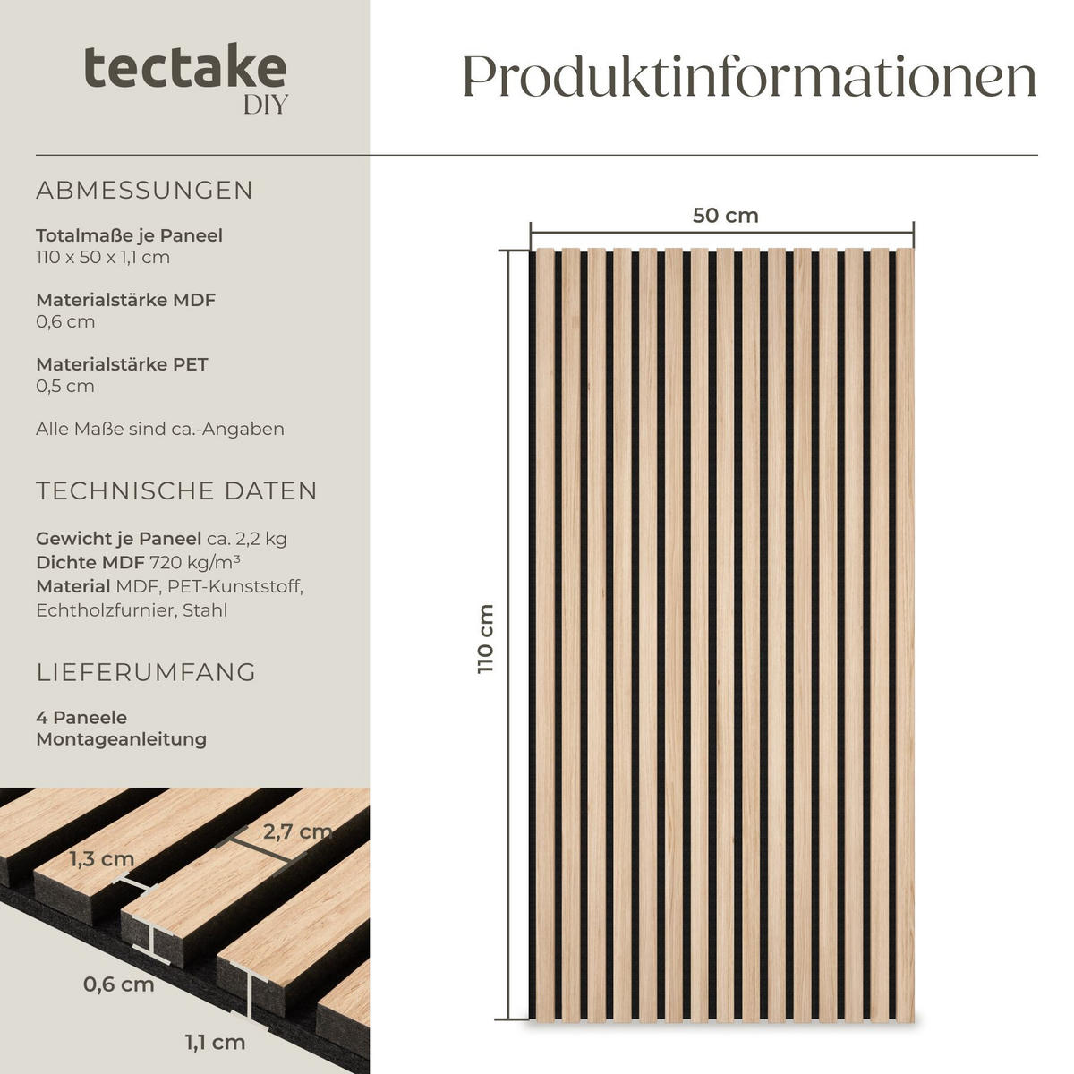AKUSTIKPANEELE 4er Set Sonic Wall Iv, je 110 x 50 x 1,1 cm, Größe flexibel anpassbar, Eiche hell - Eichefarben, Holz (50/1.1/110cm) - tectake