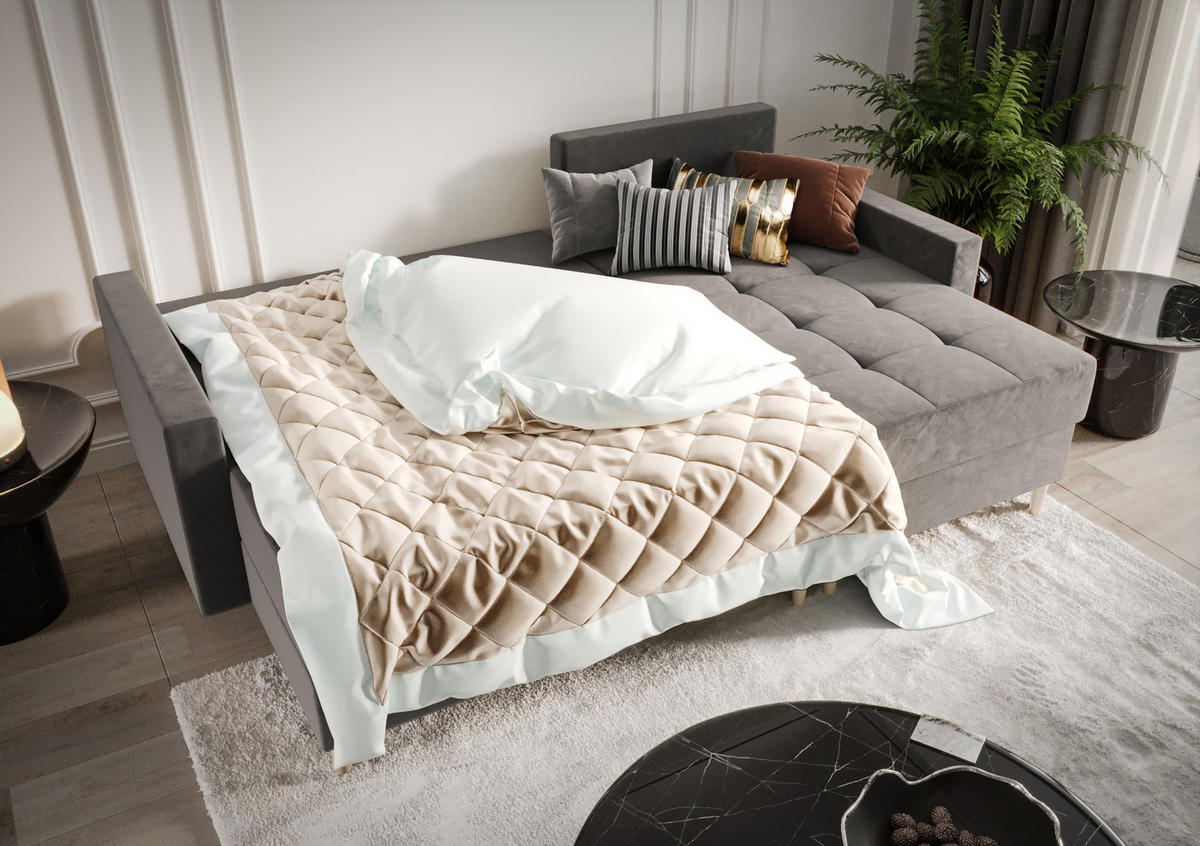 ECKSOFA BARI RN01, Eckcouch in L-Form mit Schlaffunktion, Farbe: Grau, Velourstoff, Ottomane Links - Grau, Textil (224/144cm) - O-Sofa