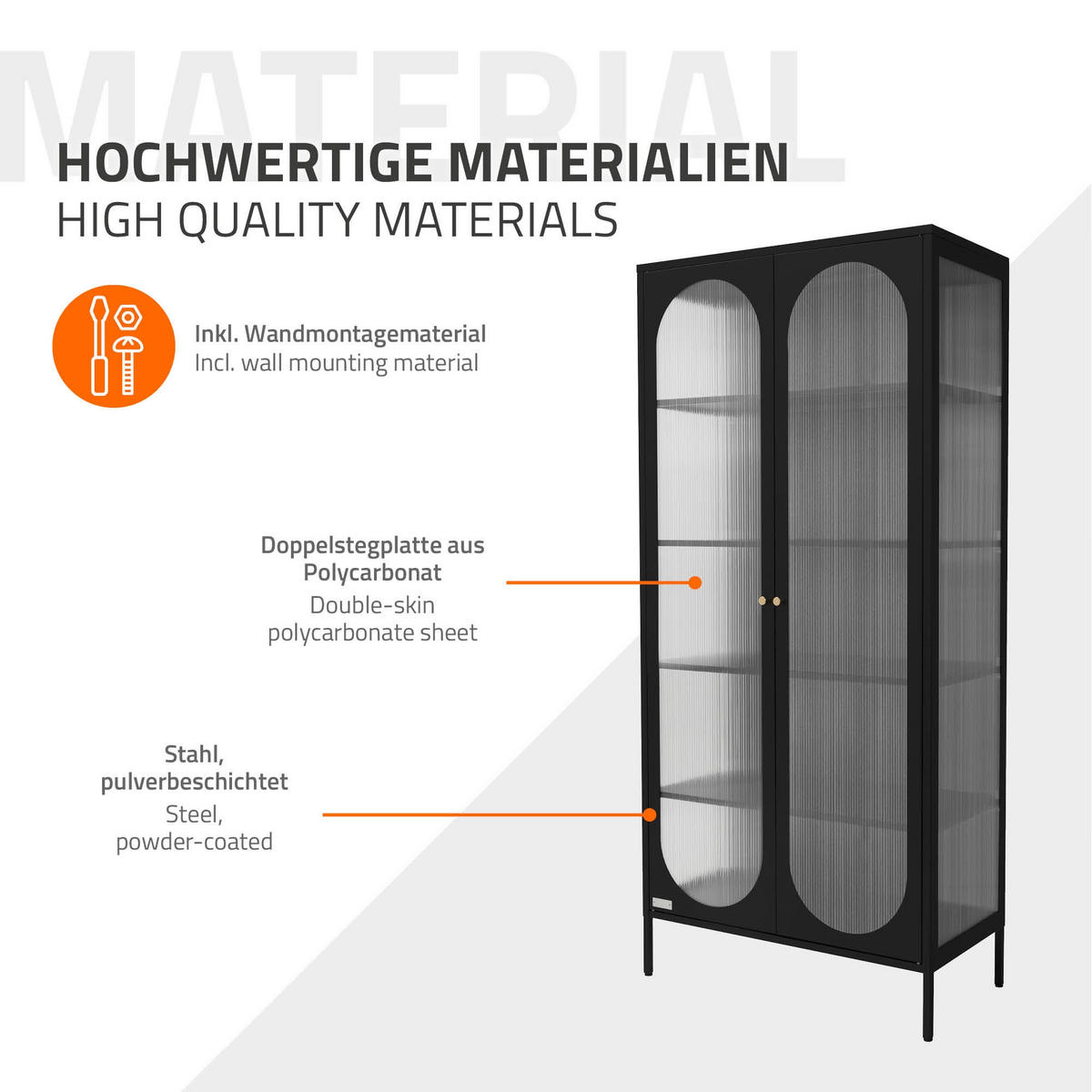 VITRINENSCHRANK Schwarz 175/80/40 cm - Schwarz, Metall (80/175/40cm) - ML-DESIGN