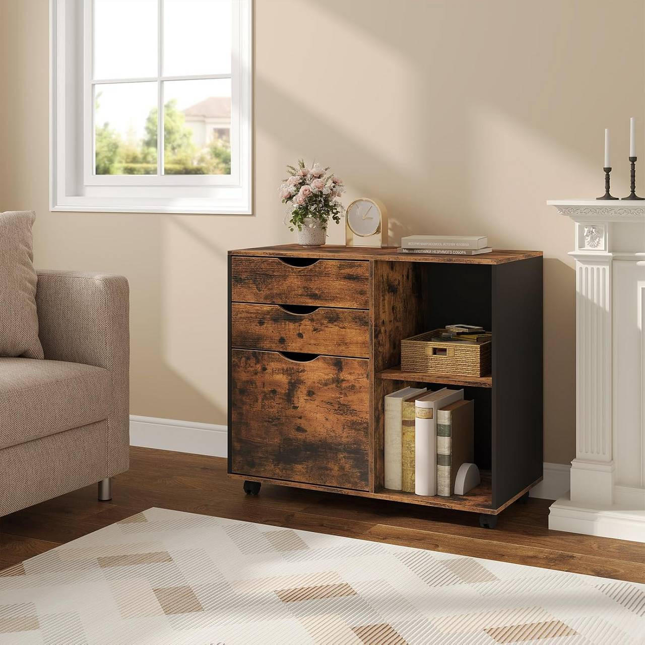 Thumbnail - Woltu Rollcontainer, Dunkelbraun, Holzwerkstoff, 1 Fächer, 3 Schubladen, Rechteckig, 80x69.5x39.5 cm, Arbeitszimmer, Con...