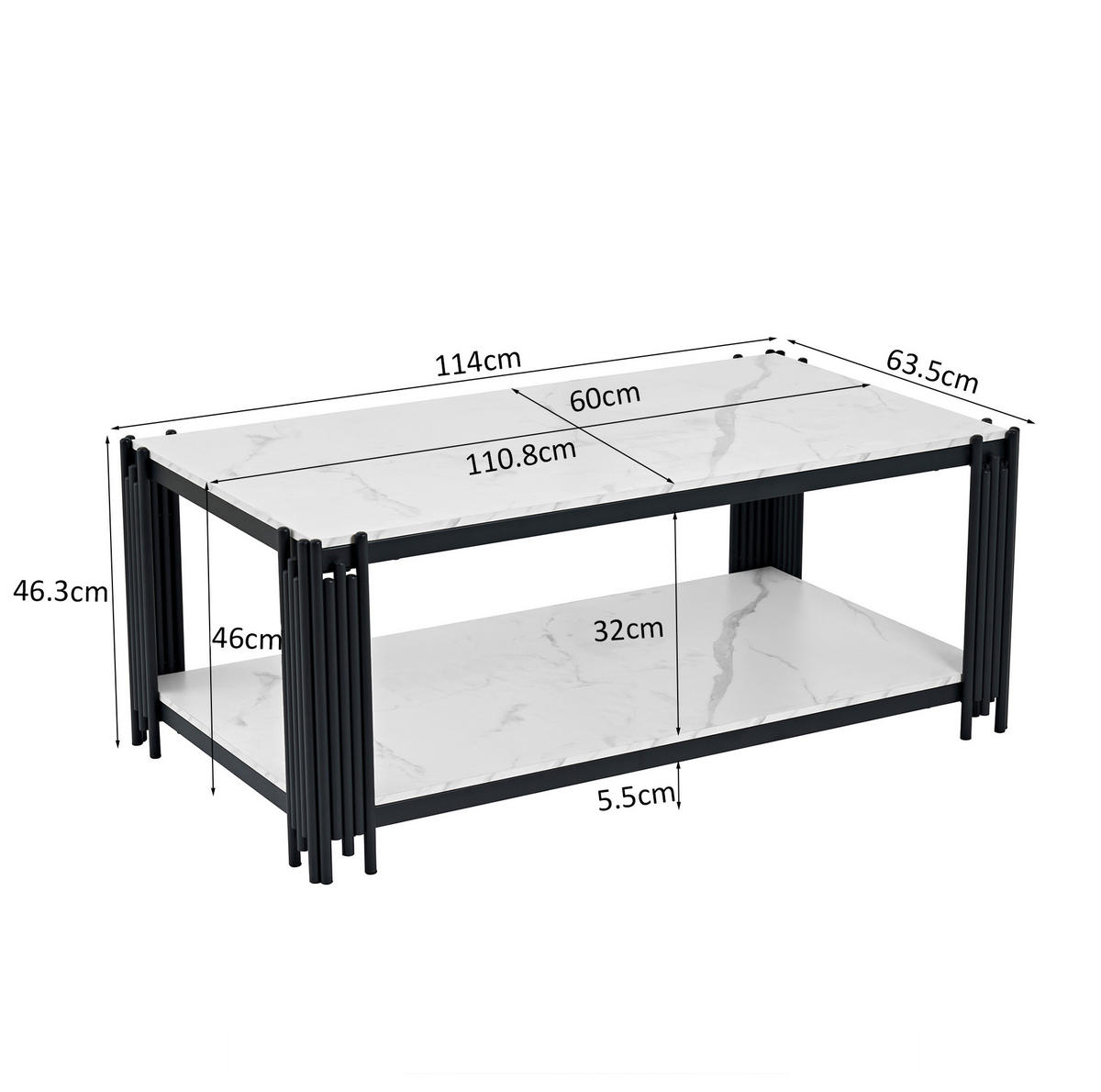 COUCHTISCH aus MDF und Metall 114x63.5x46.3cm in Weiß mit 2 Ablagen - Weiß, Holzwerkstoff (114/63.5/46.3cm) - Modfu