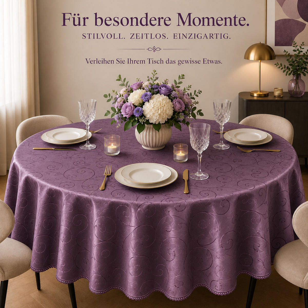 TISCHDECKE 135 cm rund Ornamente Lila - Lila, Textil (135cm) - TiborTex