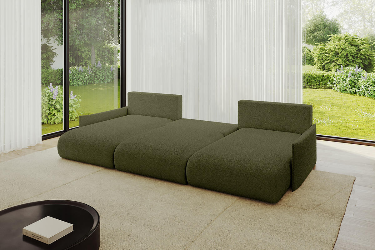WOHNLANDSCHAFT mit Schlaffunktion und Bettkasten ONESK-U-v1 304x165x40 Grün Bouclé - Grün, Holzwerkstoff/Kunststoff (304/90/165cm) - ALTDECOR