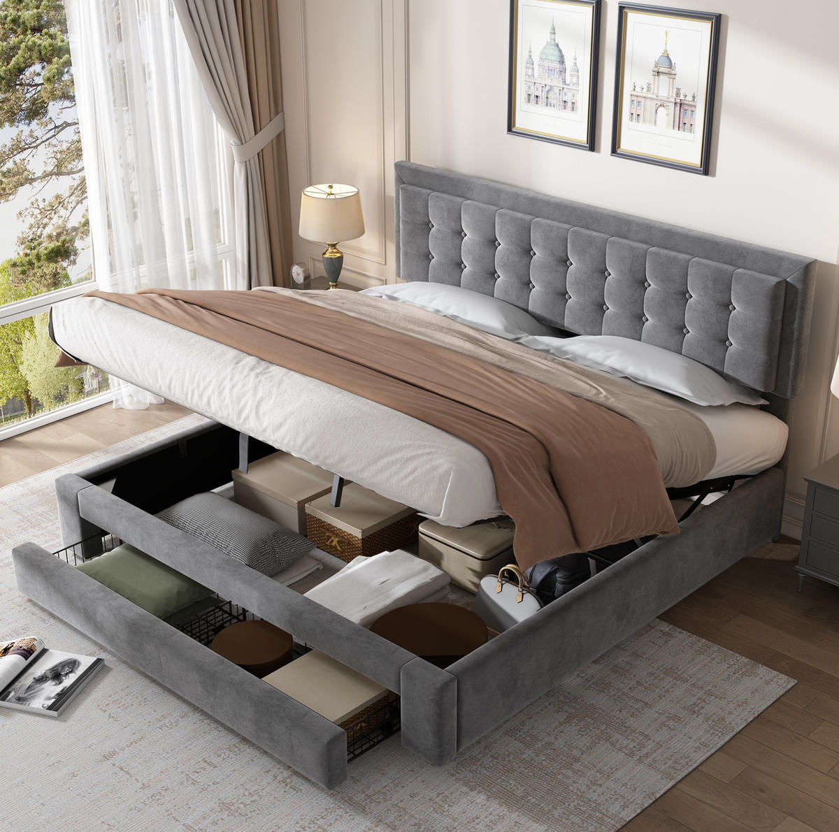 SAMT-POLSTERBETT 160/200 cm mit Bettkasten und verstellbarem Kopfteil in Grau - Grau, Textil (160/200cm) - BEAOK