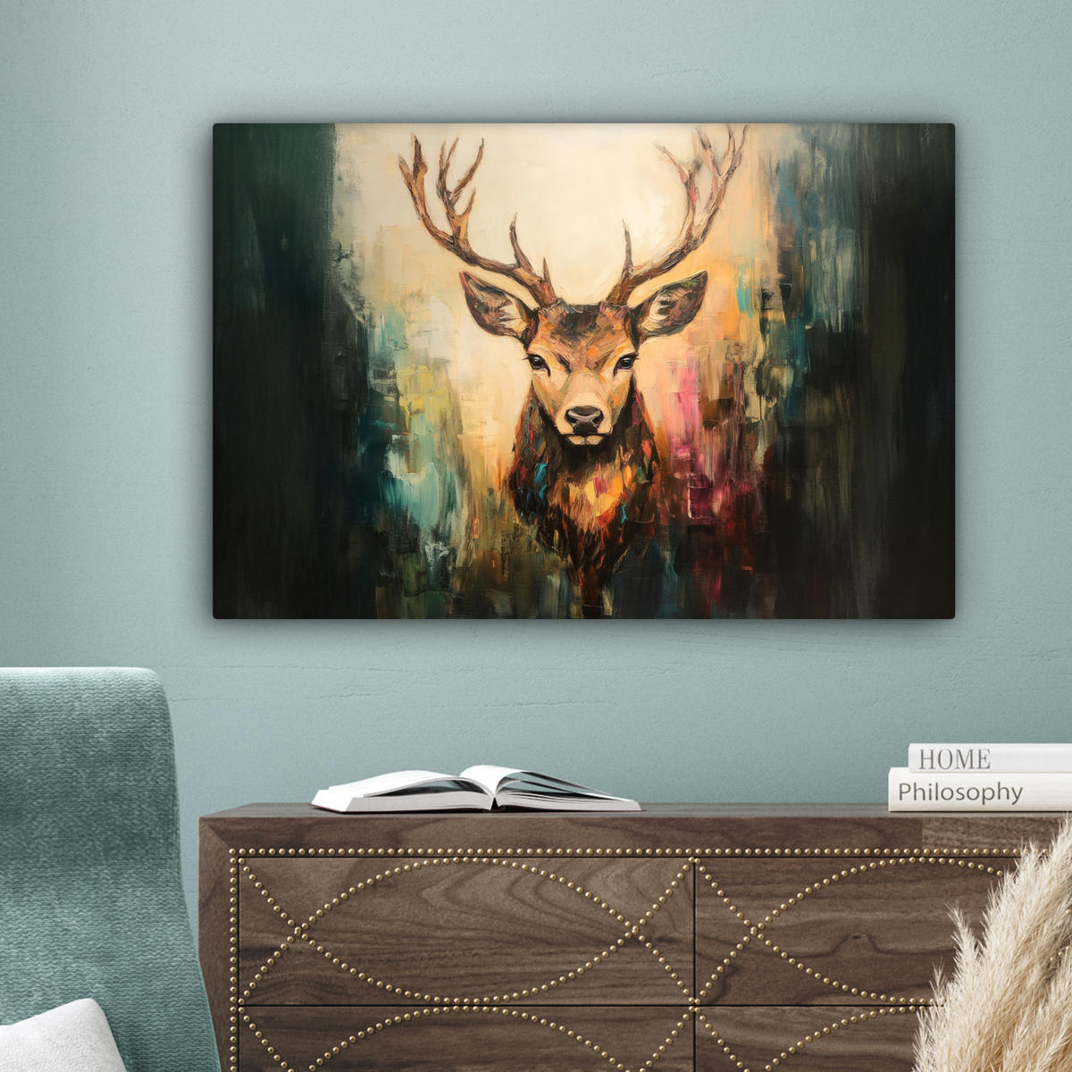 OBRAZ NA PLÁTNĚ Jelen - malovaný - paroží - hnědé 60x40 cm - barva lískového ořechu, textil (60/40cm) - MuchoWow