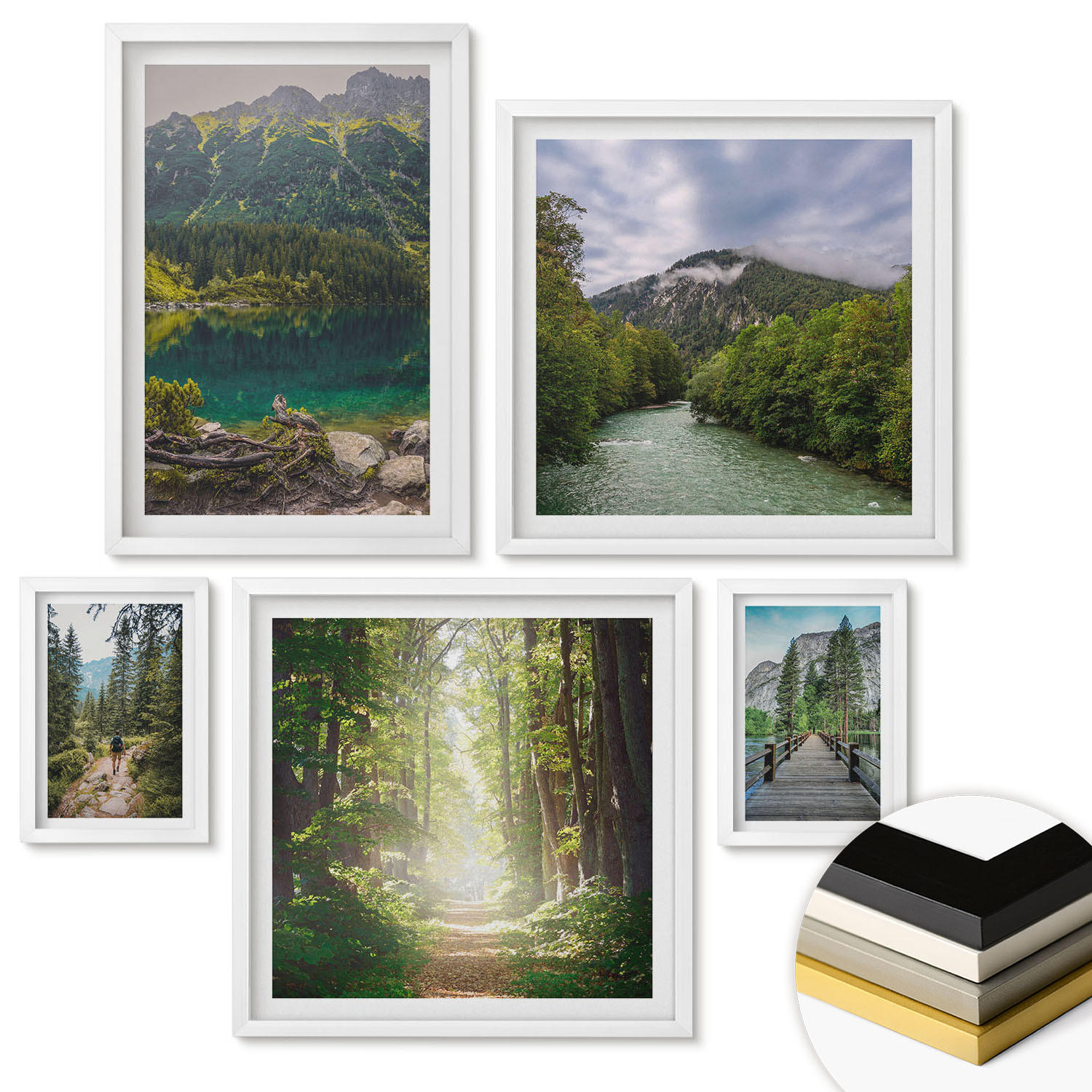 WANDBILDER 5er-Set - 50x50 cm & 20x30 cm & 40x60 cm Weißer Rahmen - Straße Wald Berge Hirsch Natur - Weiß, Kunststoff (40/60cm) - ArtPrintCave