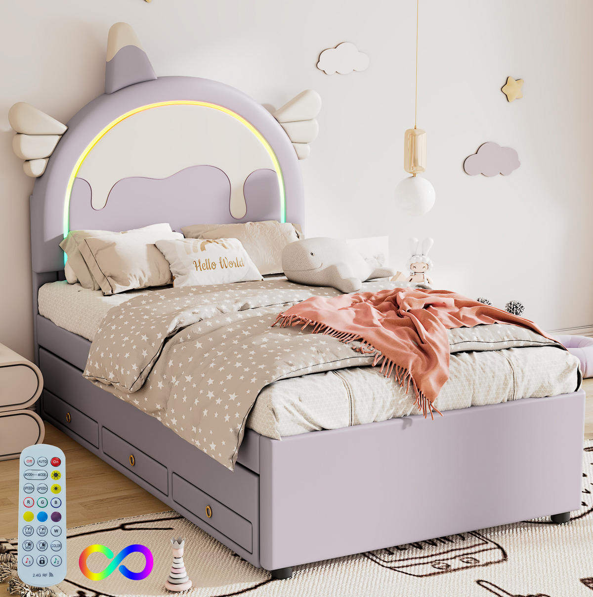 KINDERBETT 90/200 cm in Einhornform mit Rollbett und Schubladen, violett - Violett, Kunststoff (90/200cm) - BEAOK