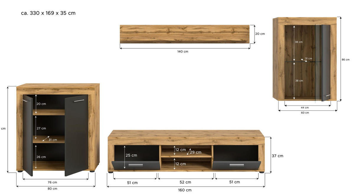 WOHNWAND Milo 4 tlg. (B/H/T: ca. 330/169/40 cm) in Wotan Eiche /grau - Eiche Wotan, Holzwerkstoff (330/169/40cm)