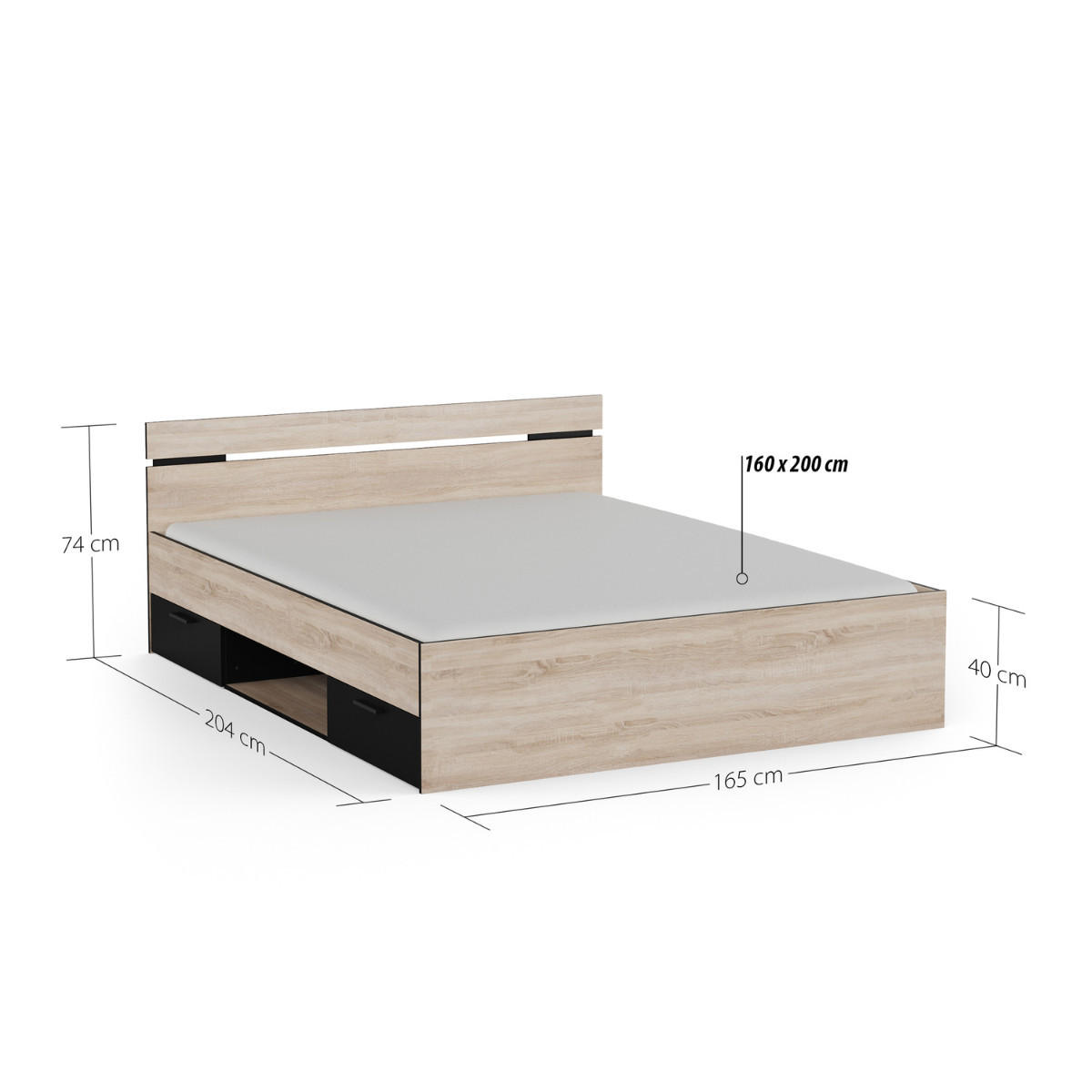 BETT 160x200 cm 2 schubladen und 1 fach - michigan 164,5/204,3/74,2 cm - Eichefarben/Schwarz, Holzwerkstoff (200/160cm) - Calicosy