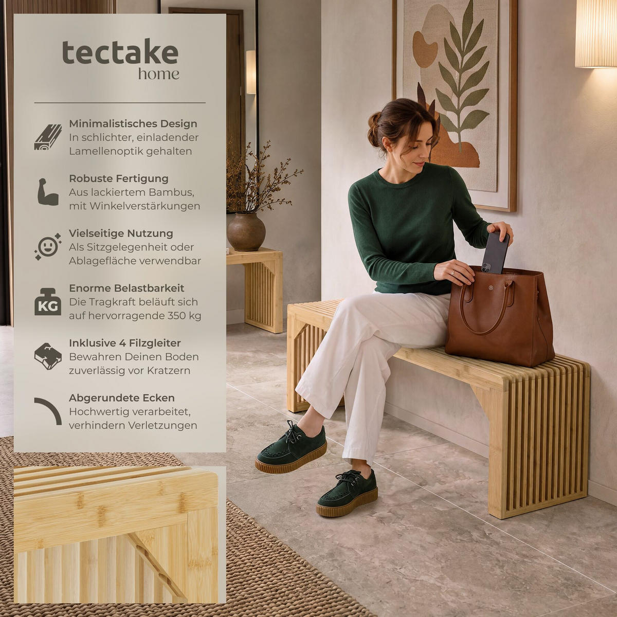 SITZBANK Ribb, Belastbarkeit 350 kg, Bambus - Beige, Holz (104/43/35cm) - tectake