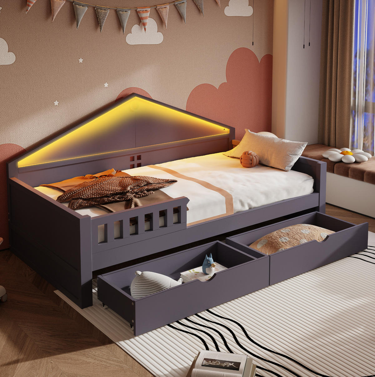 KINDERBETT 90/200 cm mit LED-Lichtleiste, 2 Schubladen und Lattenrost aus Holzwerkstoff und MDF, Grau - Grau, Holzwerkstoff (90/200cm) - Redom