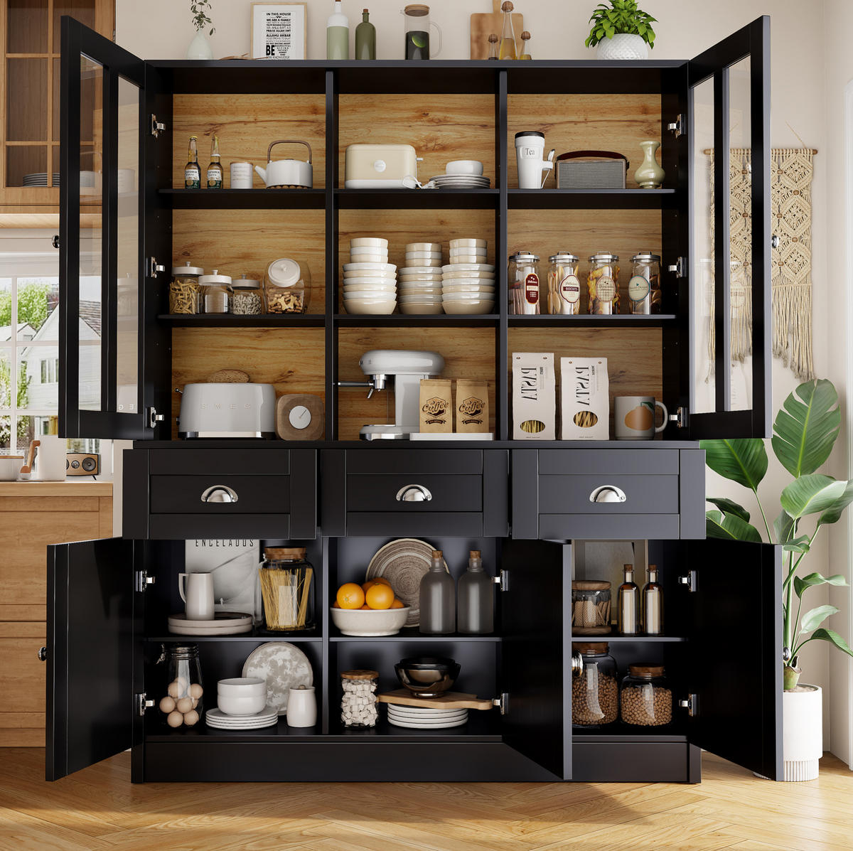 VYSOKÁ vitrína z MDF a akrylu 140x38,5x175 cm černá s uzavřeným úložným prostorem a ochranou proti převrácení - černá, kompozitní dřevo (140/175/38.5cm) - Modfu
