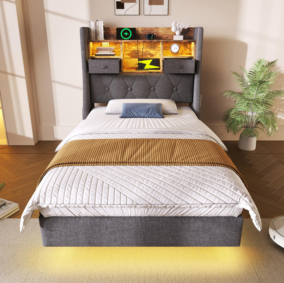 POLSTERBETT 90/200 cm grau aus Leinen mit LED und Matratze - Grau, Textil (90/200cm) - OKWISH
